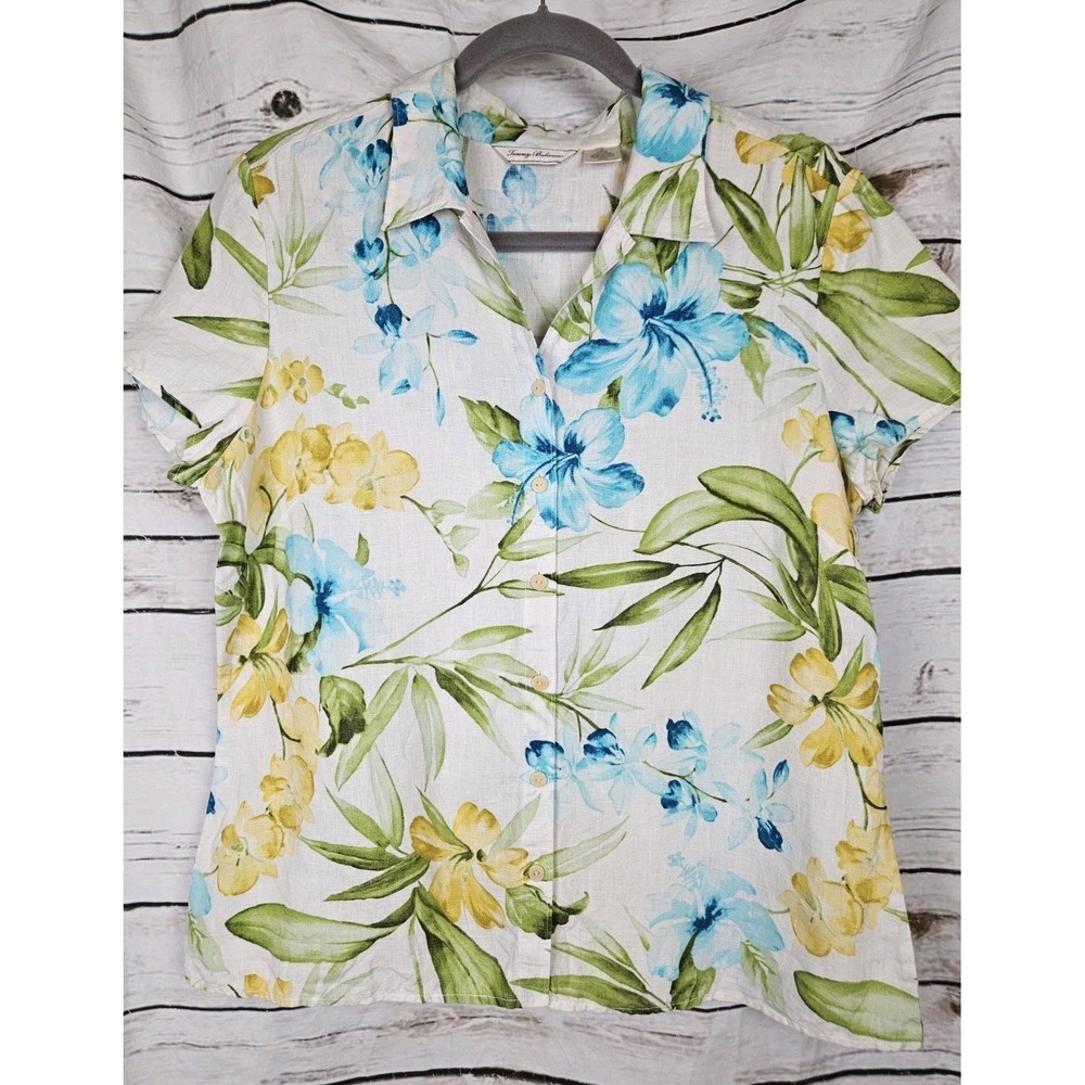 Tommy Bahama 100% Linen Floral Button Top L Wmns Short Sleeves Hawaiian Tropical